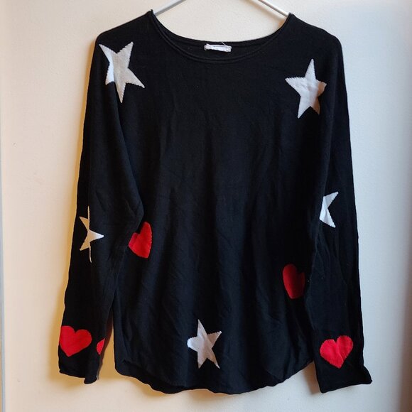 brit.ny Black Stars Hearts Scoop Neck Sweater Size Large - Picture 7 of 14